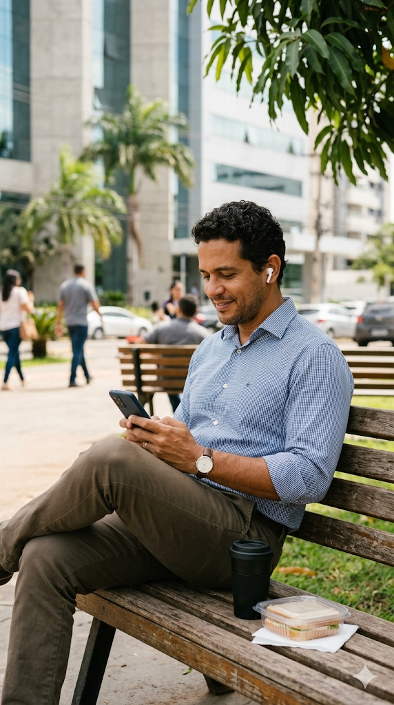 Homem ouvindo a Biblia no celular sentado em um banco de praca na hora do almoco
