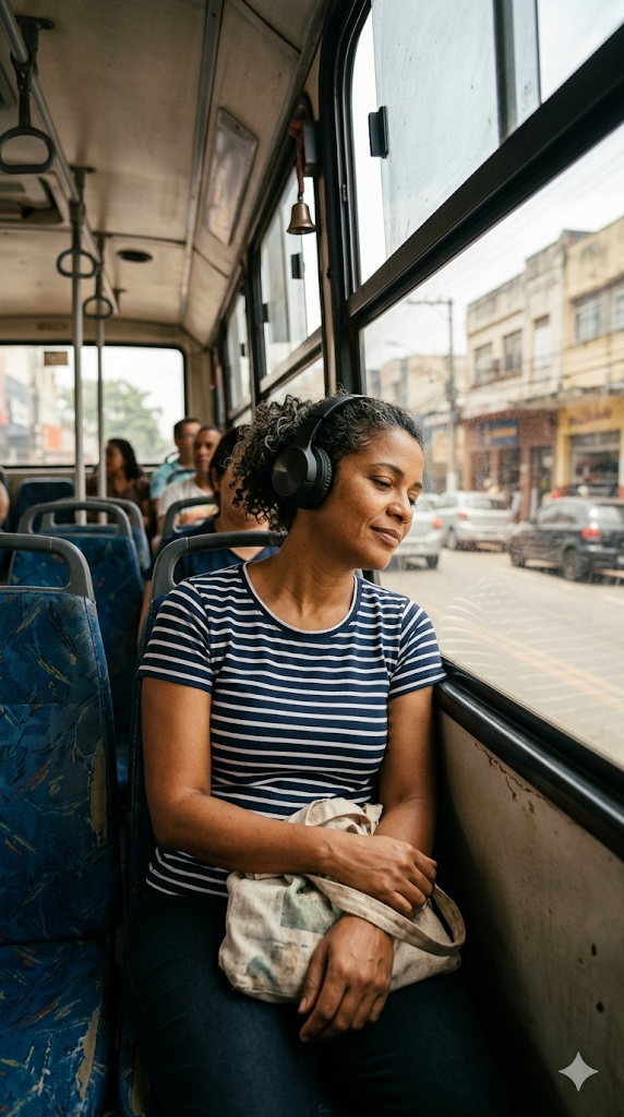 Mulher ouvindo a Biblia com fones de ouvido no onibus